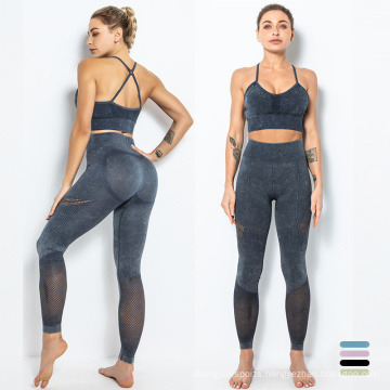 Sportive Wear Two Piece Sport Set Women Clothing High Waist Legging Workout Set Cross Back Mesh Yoga Sets